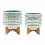 Cer, S/2 8/10" Planter On Standw/ Dots, Blue