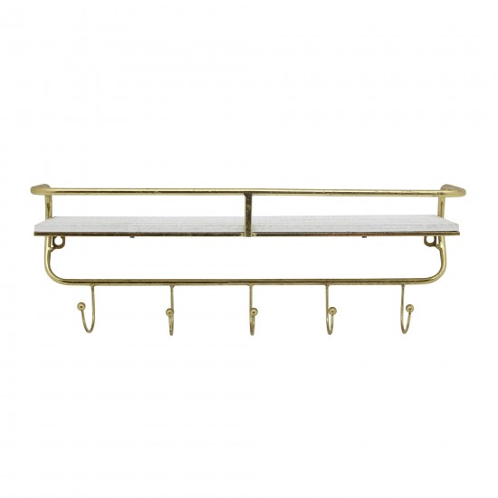 Metal/wood 20" 5 Hook Wall Shelf, White/gold