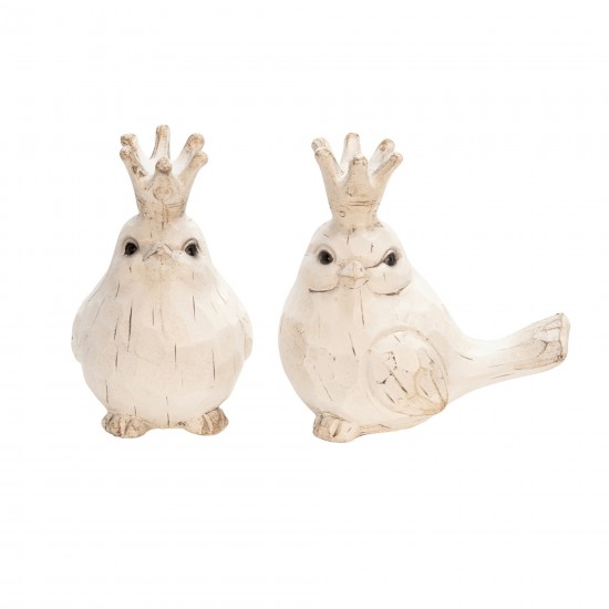 S/2 Resin Birds W/ Crowns, White