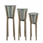 Metal S/3 11/12/13" Round Planters W/ Wood Stand