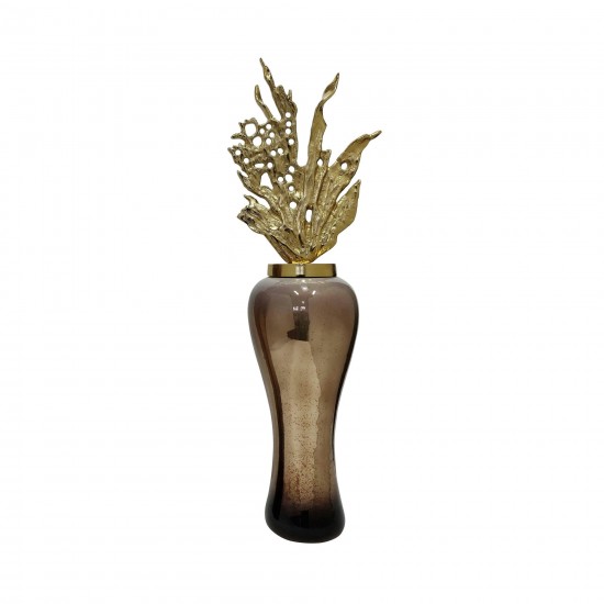 38"h Metal Vase W/ Leaf Like Lid, Champagne