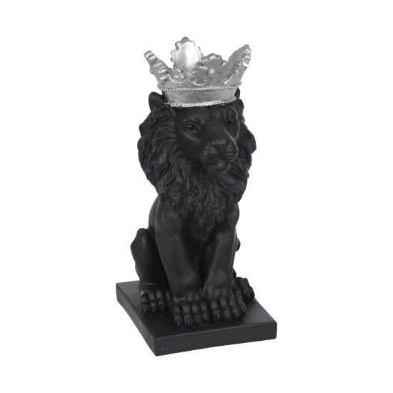 Polyresin 8" Lion W/ Crown Figurine, Black/silver