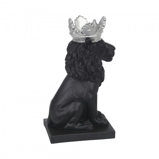 Polyresin 8" Lion W/ Crown Figurine, Black/silver