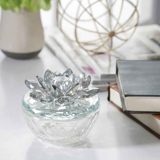 Glass Trinket Box Clear W/silver Lotus Top