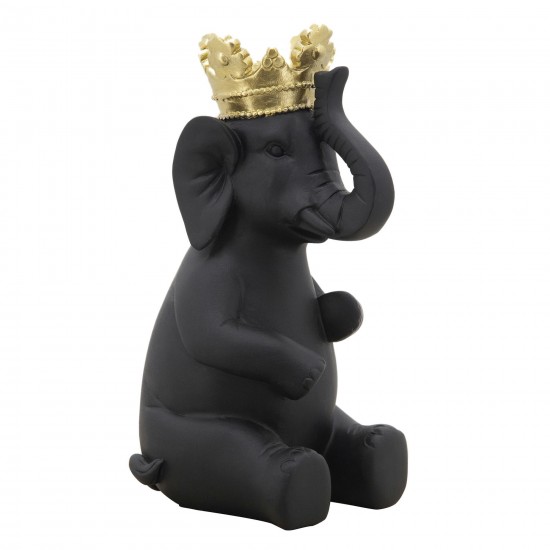 8" Elephant W/ Crown Figurine, Black/gold