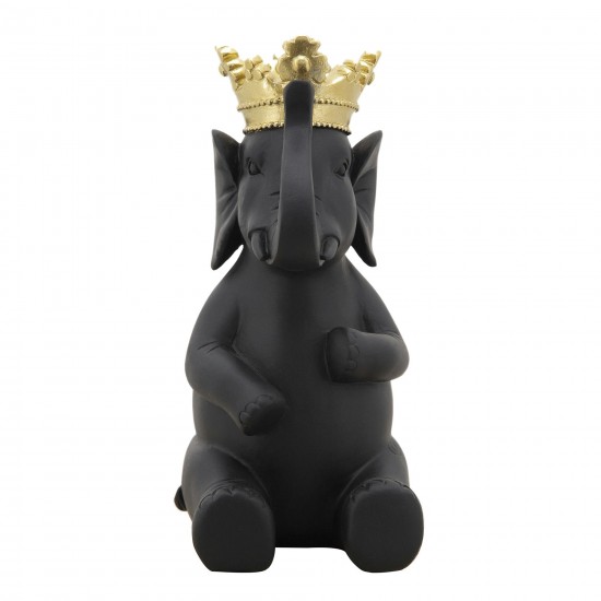 8" Elephant W/ Crown Figurine, Black/gold