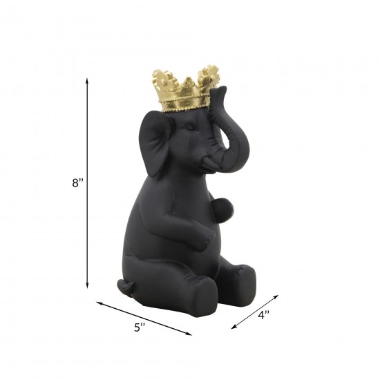 8" Elephant W/ Crown Figurine, Black/gold