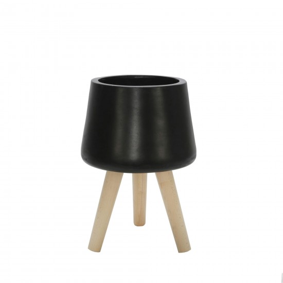 S/2 11/15" Planter W/ Wood Legs, Matte Black