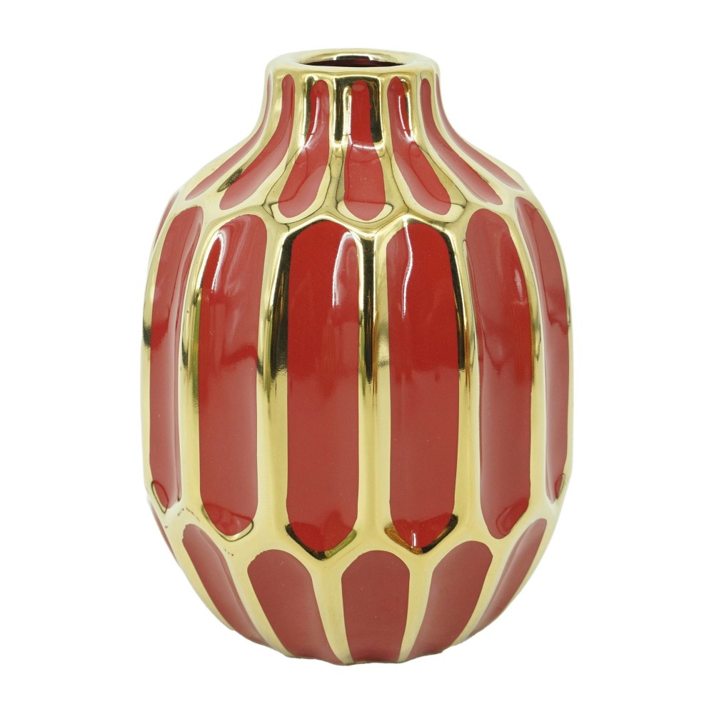 Ceramic Vase 8"h, Red/gold