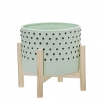 8" Ceramic Dotted Planter W/ Wood Stand, Green