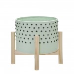 8" Ceramic Dotted Planter W/ Wood Stand, Green