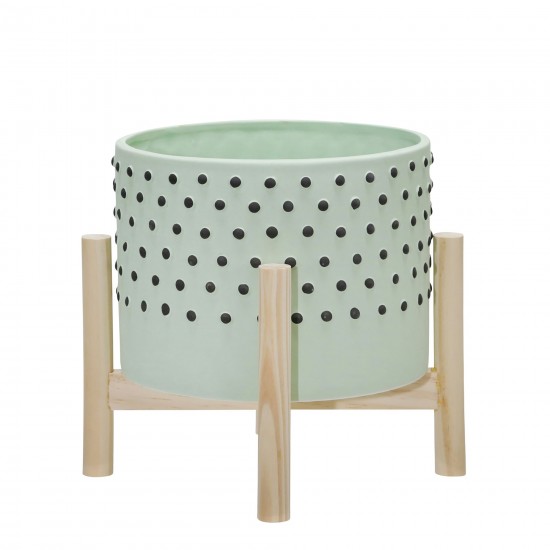 8" Ceramic Dotted Planter W/ Wood Stand, Green