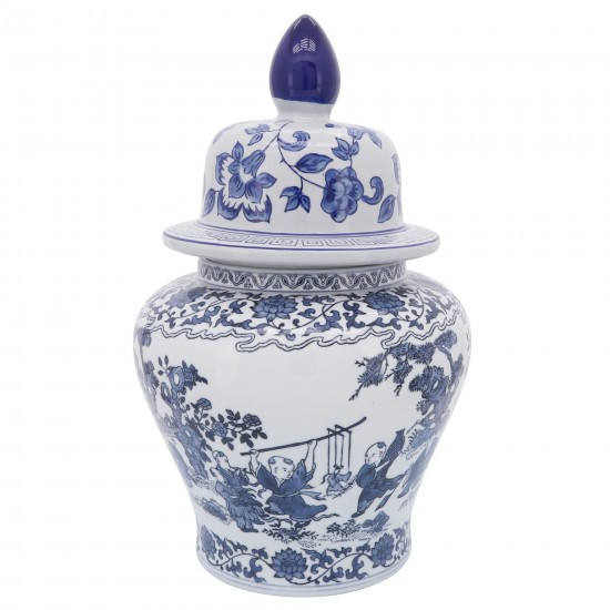 Cer, 15"h Blossoms Temple Jar, Blue