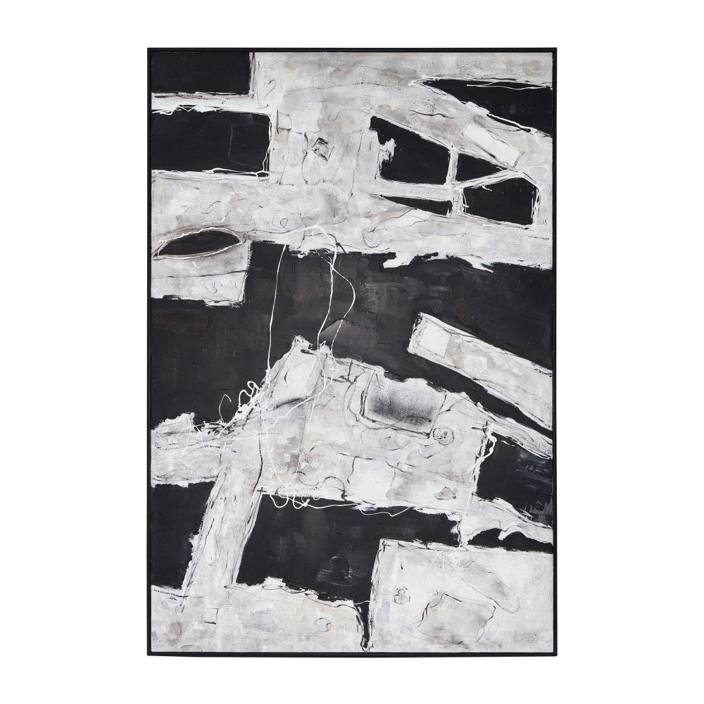 61x41 Framed Hand Painted Abstract Canvas, Black/g 61x41 Framed Hand Painted Abstract Canvas, Black/g