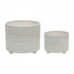 S/2 Ceramic Footed Planter W/ Dots 10/12", Ivory