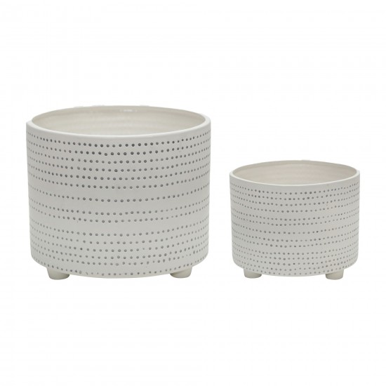 S/2 Ceramic Footed Planter W/ Dots 10/12", Ivory