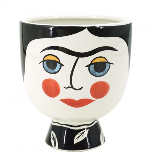 Cer, 7"h Frida Face Flower Vase, Blk/wht