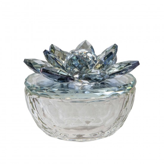 Glass Trinket Box Clear W/lt Blue Lotus Top