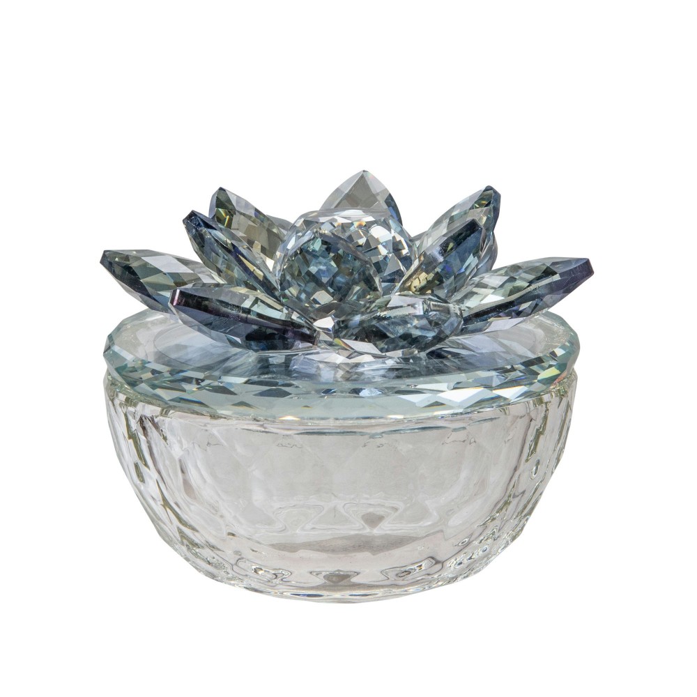 Glass Trinket Box Clear W/lt Blue Lotus Top Glass Trinket Box Clear W/lt Blue Lotus Top