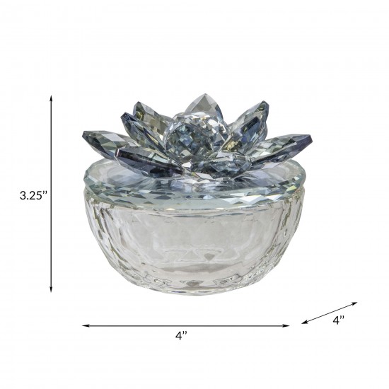 Glass Trinket Box Clear W/lt Blue Lotus Top