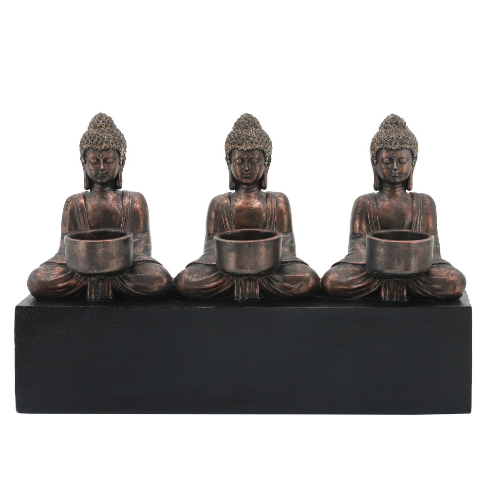 Resin, 16" 3-mini Buddhas With Base, Gold