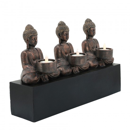 Resin, 16" 3-mini Buddhas With Base, Gold