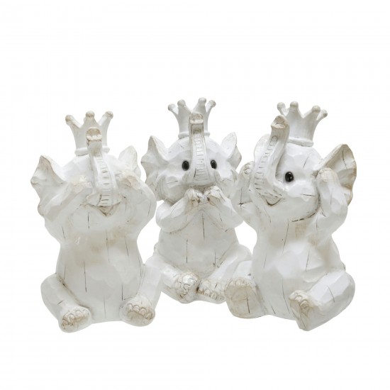 S/3 Resin Hear No,see No Speakno Elephants, White