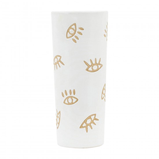 Cer,12",open Eye Print Vase,white/gold