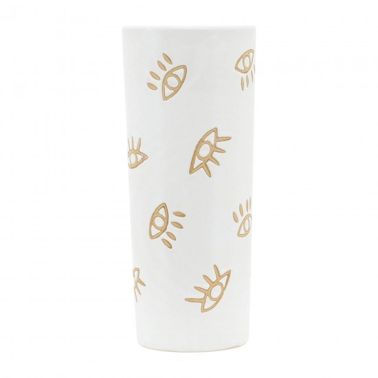 Cer,12",open Eye Print Vase,white/gold