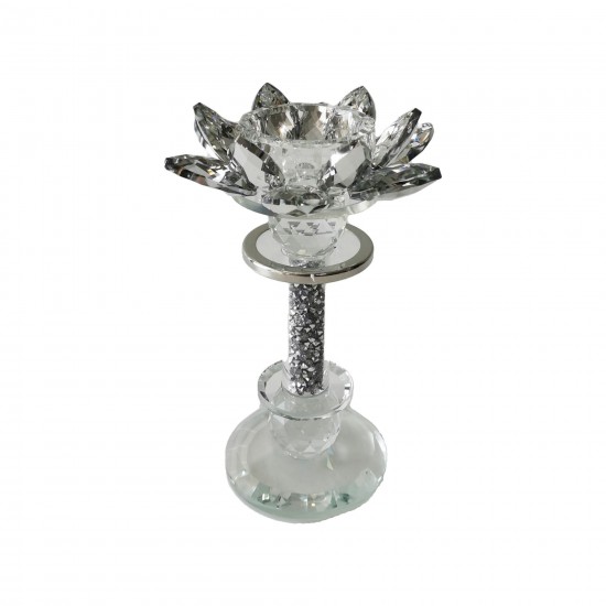 Glass, 6"h Lotus Glitter Candle Holder, Silver