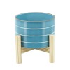 6" Striped Planter W/ Wood Stand, Skyblue