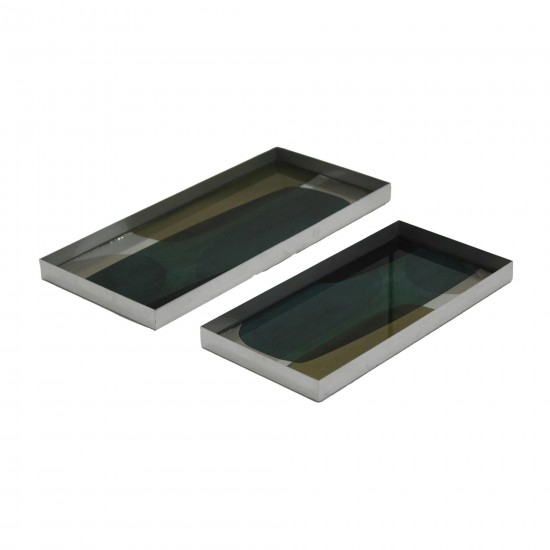 S/2 16/20"l, Metal/glass Tray, Nickel/multi