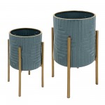 S/2 Planter On Metal Stand, Slate Blue/gold