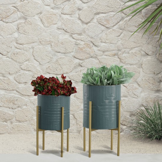 S/2 Planter On Metal Stand, Slate Blue/gold