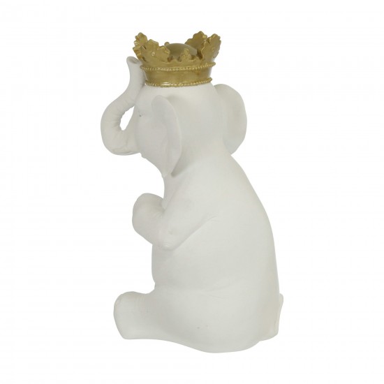 Polyresin 14"h Elephant W/ Crown, White/gold