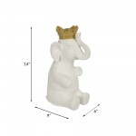 Polyresin 14"h Elephant W/ Crown, White/gold