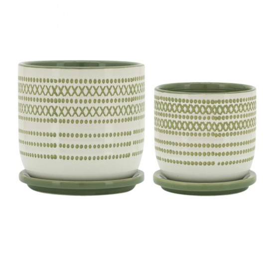 Cer, S/2 5/6" Planter W/ Saucer, Olive