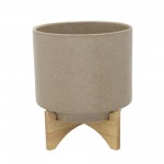 10" Planter W/ Wood Stand, Beige