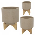 10" Planter W/ Wood Stand, Beige