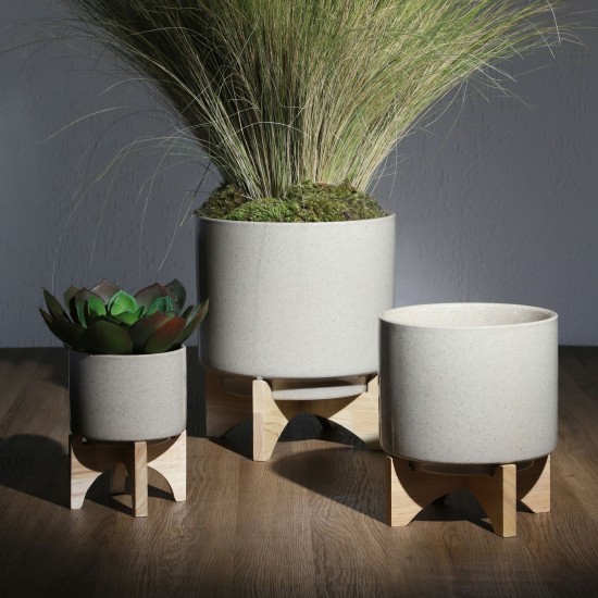 10" Planter W/ Wood Stand, Beige