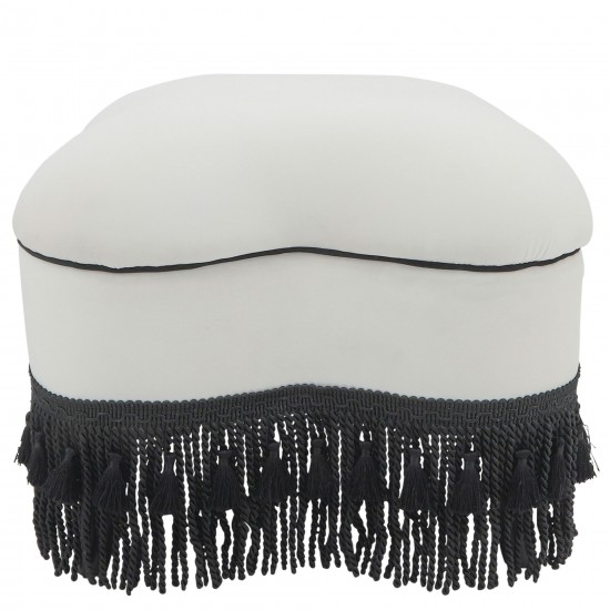 Clover Ottoman W/ Black Fringes, White