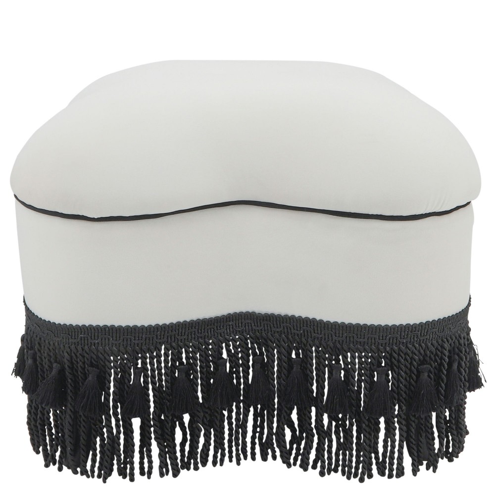 Clover Ottoman W/ Black Fringes, White