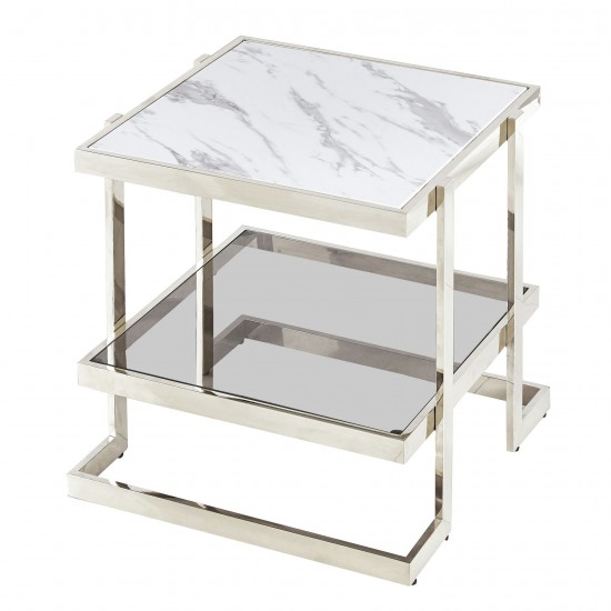 Metal/marble Glass, Side Table, Silver/white Kd