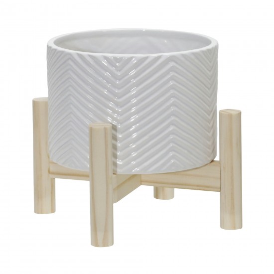 6" Ceramic Chevron Planter W/ Wood Stand, White