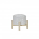 6" Ceramic Chevron Planter W/ Wood Stand, White