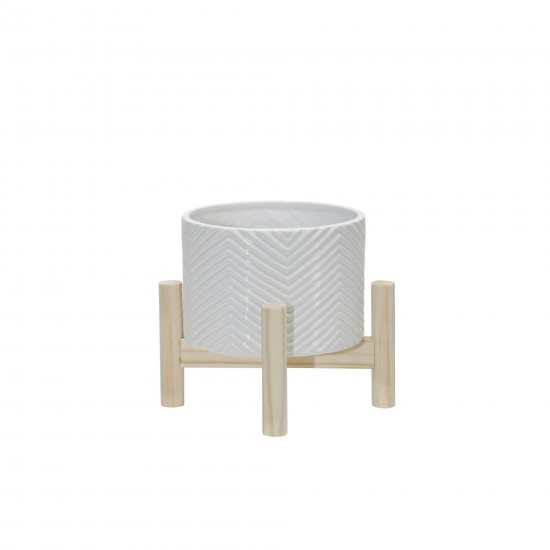 6" Ceramic Chevron Planter W/ Wood Stand, White