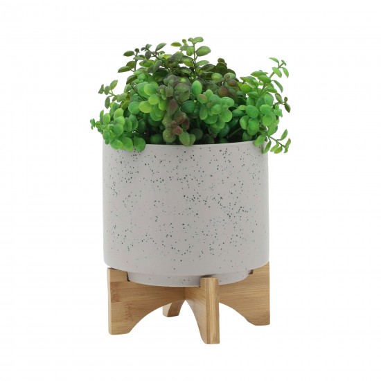 8" Planter W/ Wood Stand, Matte Beige