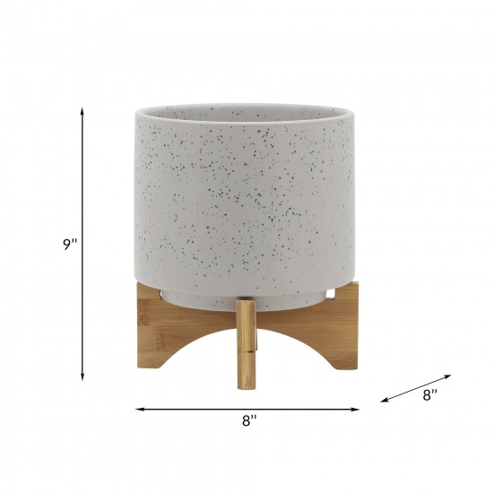 8" Planter W/ Wood Stand, Matte Beige