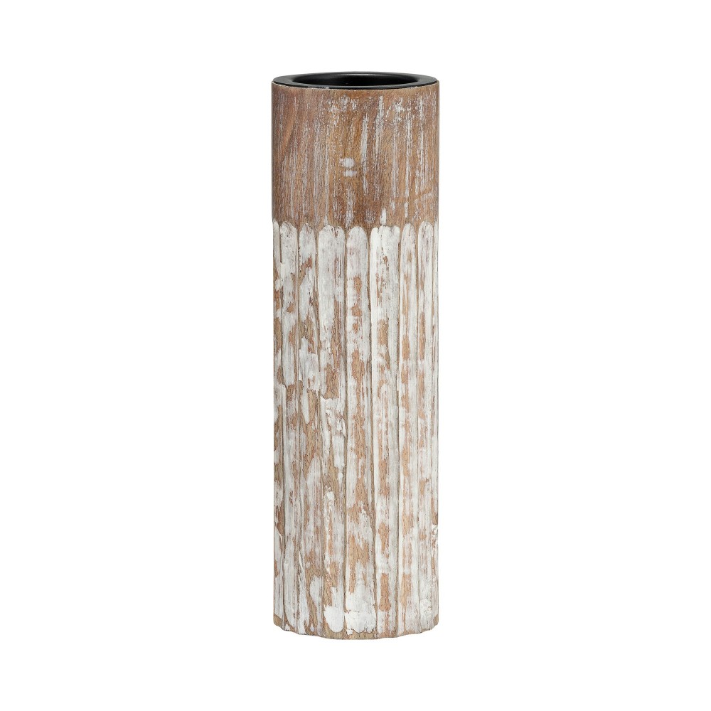 Wood, 10"h 2-tone Textured Candle Holder, Brown