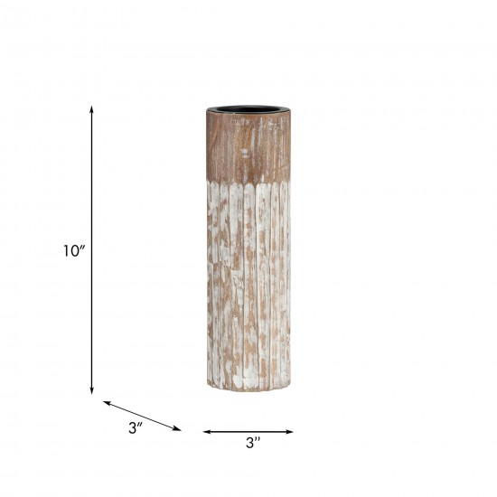 Wood, 10"h 2-tone Textured Candle Holder, Brown